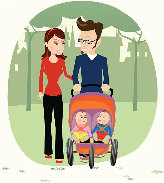 Vector illustration of Double stroller couple walking in park