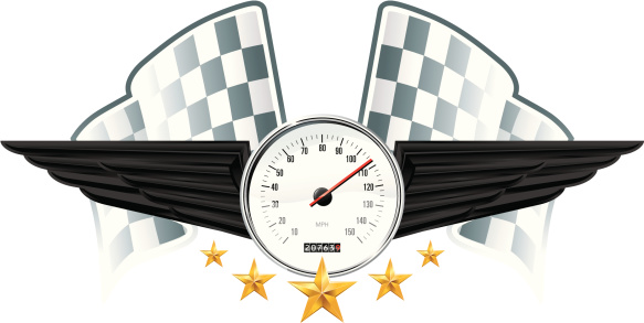 White speedometer with black wings over checkered flags. Golden stars below.