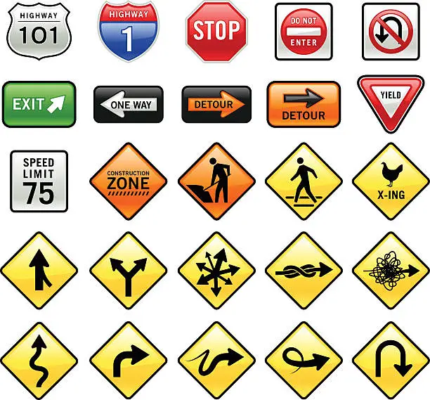 Vector illustration of Set of 3D graphic road signs on white background