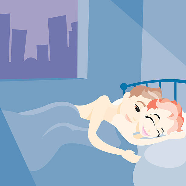 Nocy Miasto mężczyzna i kobieta Cuddling w łóżku – artystyczna grafika wektorowa