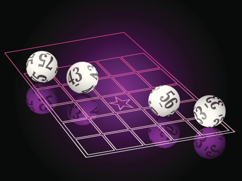 Bingo balls arranged in a winning pattern on a purple mirror with a futuristic bingo card and very clean vector reflection
