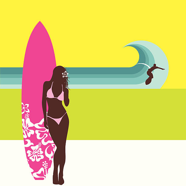 illustrazioni stock, clip art, cartoni animati e icone di tendenza di sexy ragazza surfista. illustrazione, vettore, estate - beach surfing bikini retro revival