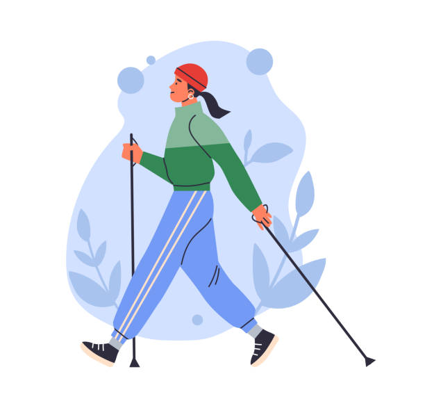 junge frau, die nordic-walking-training, sportaktivität im freien, gesunden lebensstilvektor auf blauem blumenhintergrund macht - power walken stock-grafiken, -clipart, -cartoons und -symbole