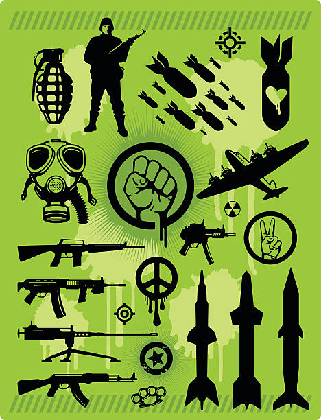 Military war and weaponry icon set Bombs, guns and other icons associated with war. Professional clip art for your print or Web project. uzi submachine gun stock illustrations