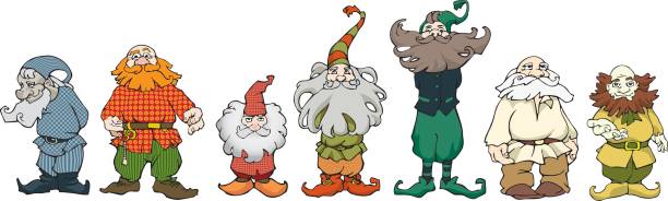 Group of seven gnomes vector art illustration