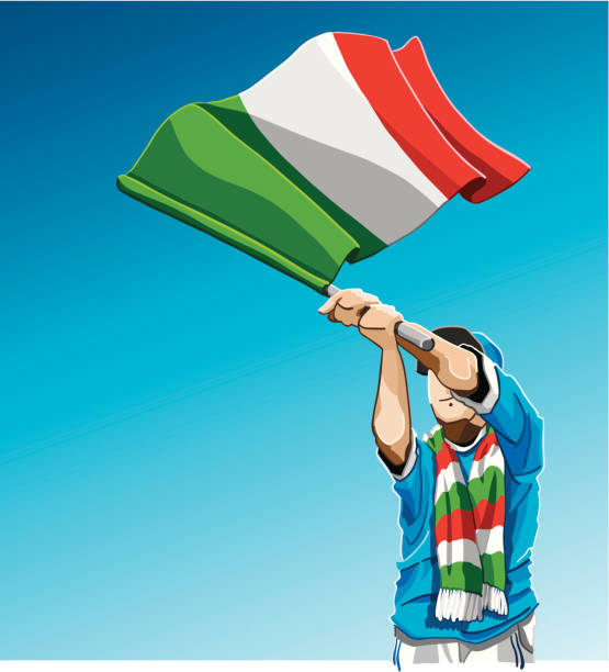 Italy Waving Flag Soccer Fan "Vector Illustration of an italian football fan. The background is on a separate layer, so you can use the illustration on your own background. Included: EPS (v8), AI (CS2) and Hi-Res JPG." italy soccer stock illustrations