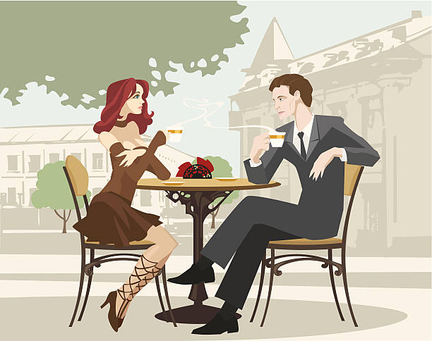 Portrait of Couple Drinking Coffee at Outdoor Cafe vector art illustration