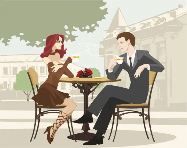 Vector illustration of Portrait of Couple Drinking Coffee at Outdoor Cafe