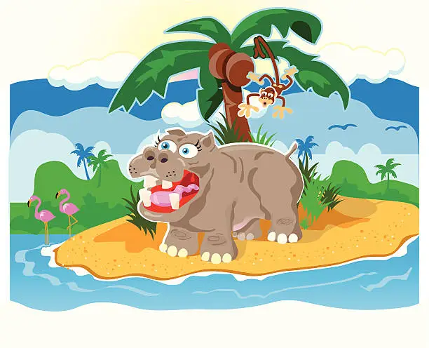 Vector illustration of Happy Hippo and monkey