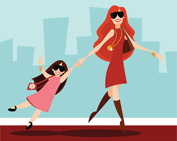 Celeb with Child Celebrity mother and daughter walking the red carpet. Characters grouped separately. No gradients, no transparencies. Download also includes SVG version of file (can be used with Inkscape open sourceware). beautiful woman walking stock illustrations