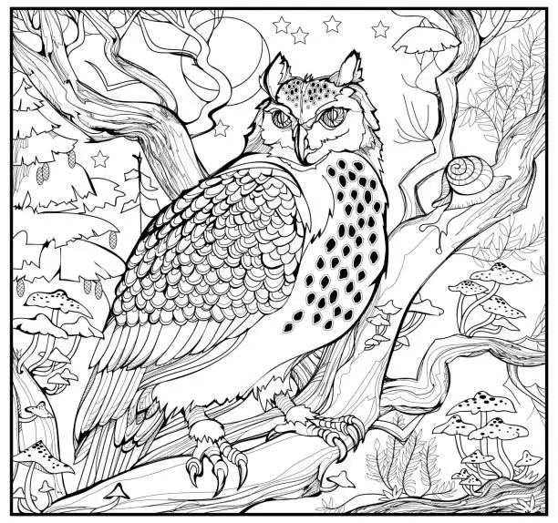 Vector illustration of Coloring book for children and adults. Illustration of owl in night forest. Animals for coloring. Printable page for drawing and meditation. Black and white vector image.