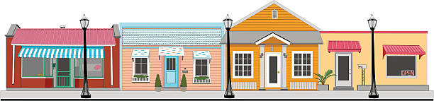 Small Town Stores AI vs 10 and 300 dpi jpg included. Detailed elements include neon "open" sign, palm tree, mailbox, and lanterns.  small town main street stock illustrations