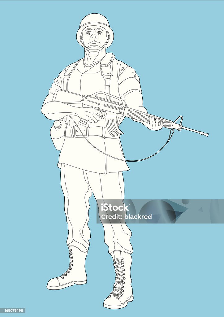 Soldier Line drawing of a soldier holding a machine gun. Army stock vector