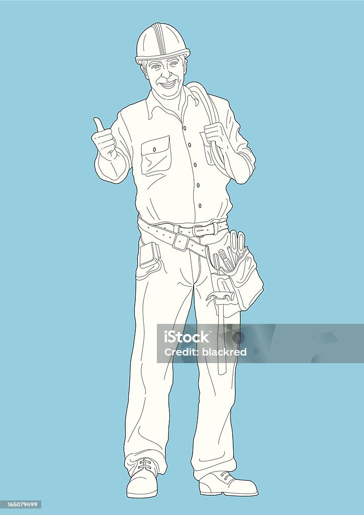 Construction Worker Line drawing of a construction worker carrying ropes and tools. Men stock vector