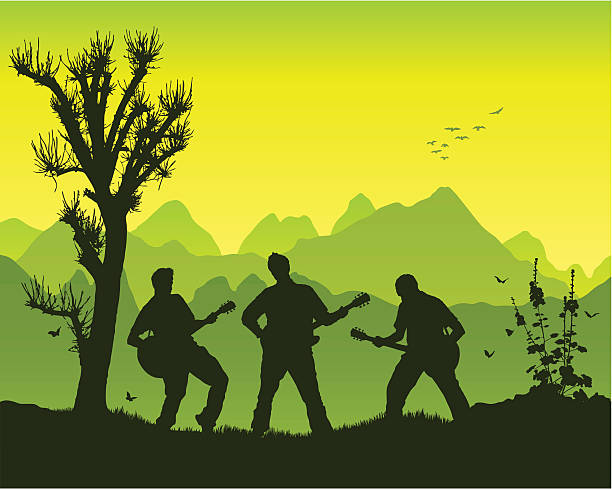 Guitar group in the mountains A group playing guitars in front of beautiful  mountains. emo hair guys stock illustrations