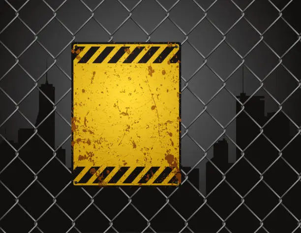 Vector illustration of Chain link fence with rusty sign