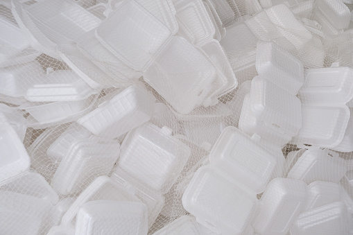 Close-up shot of abundance Styrofoam Take Out Box Container piles together