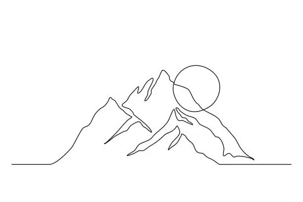 Vector illustration of Continuous one line drawing of mountain landscape. High mounts with sun lineart drawing vector design. Editable stroke.