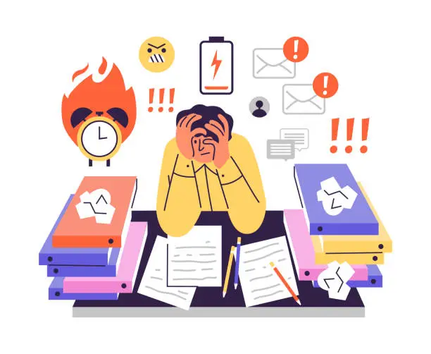 Vector illustration of Stressed workaholic man covers face with hands flat style, vector illustration