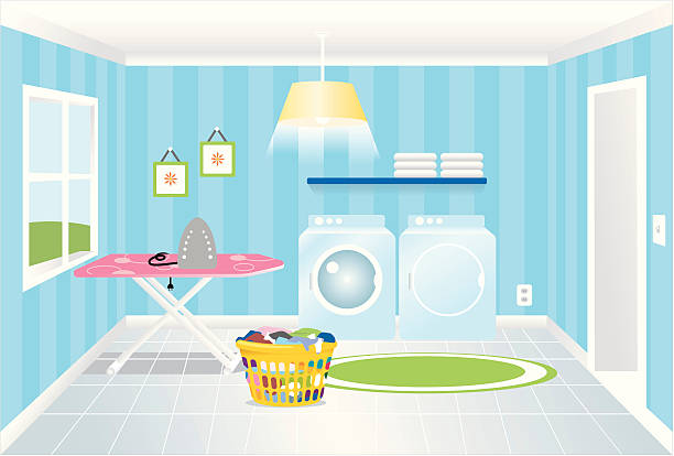 illustrazioni stock, clip art, cartoni animati e icone di tendenza di servizio di lavanderia - iron laundry cleaning ironing board