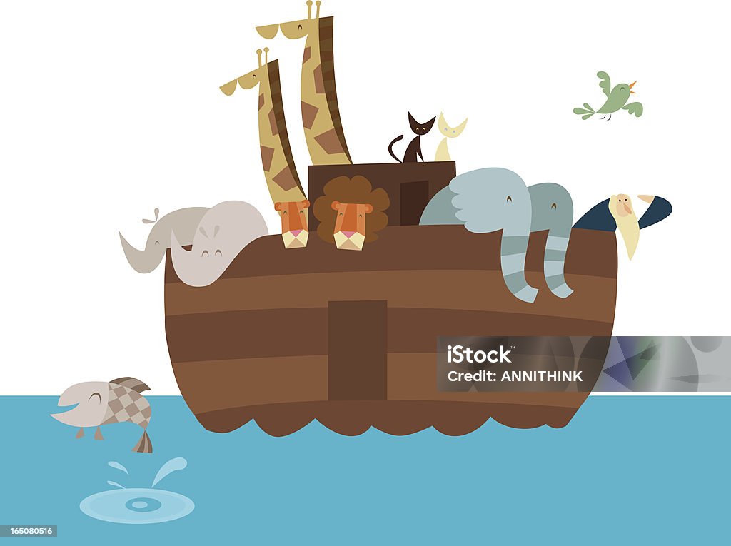 Vector artistic cartoon illustration of Noah's Ark Animals floating in boat in search of dry land. Ark stock vector