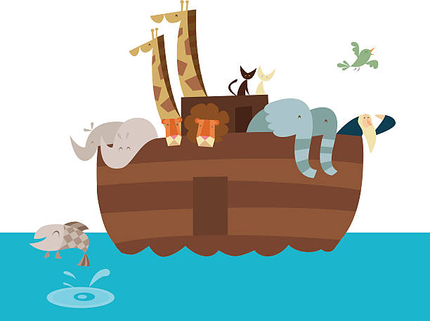 Vector artistic cartoon illustration of Noah's Ark Animals floating in boat in search of dry land. noahs ark stock illustrations