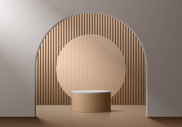 istock Abstract 3D brown white cylinder pedestal podium background with wood pattern scene in arch gate. Mockup product display presentation. Minimal scene. Stage showcase. Platforms vector geometric design. 1650805192