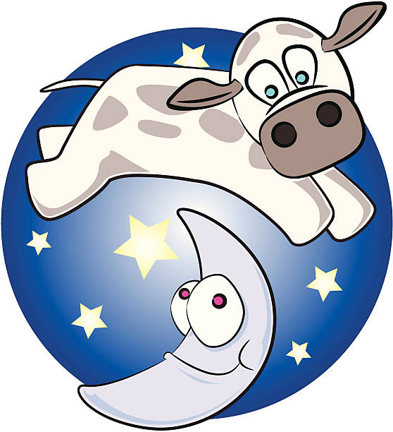 krowa skakać na księżycu - cow moon nursery rhyme jumping stock illustrations