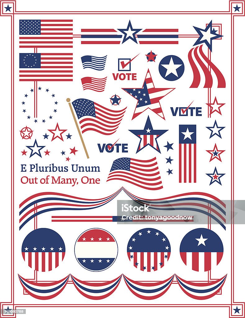 Poster illustration of American centered patriotic themes Elements and icons related to American patriotism, voting and election  campaigning. Accurate 50 and 13 star flags. In addition to the full border, individual border corners are also included. American Flag stock vector