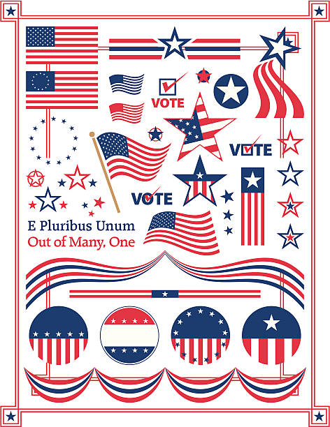 Poster illustration of American centered patriotic themes Elements and icons related to American patriotism, voting and election  campaigning. Accurate 50 and 13 star flags. In addition to the full border, individual border corners are also included. american flag illustrations stock illustrations