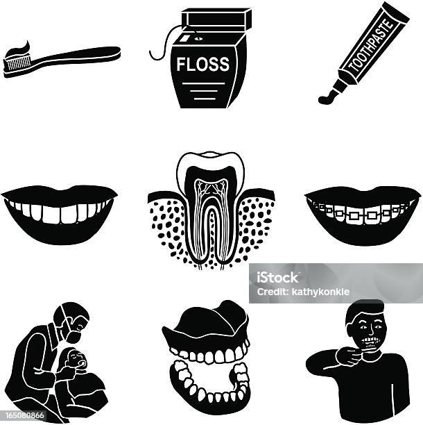 Ilustración de Iconos De Dentista y más Vectores Libres de Derechos de Dentadura postiza - Dentadura postiza, Asistencia sanitaria y medicina, Banda correctora