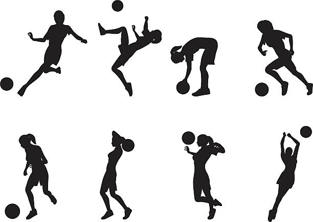 ilustraciones, imágenes clip art, dibujos animados e iconos de stock de siluetas de mujeres de fútbol - soccer vector silhouette professional sport