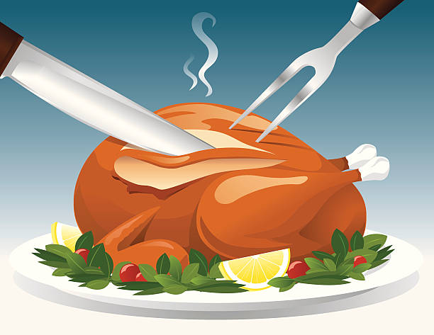 ilustraciones, imágenes clip art, dibujos animados e iconos de stock de tallar una turquía - roast turkey turkey carving turkey breast