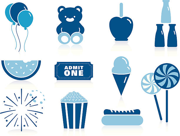 fair Icons in Blue Vector fair icons using 2 spot colors for flexible workflow. If CMYK is desired, pantone colors will need to be converted. snow cone stock illustrations