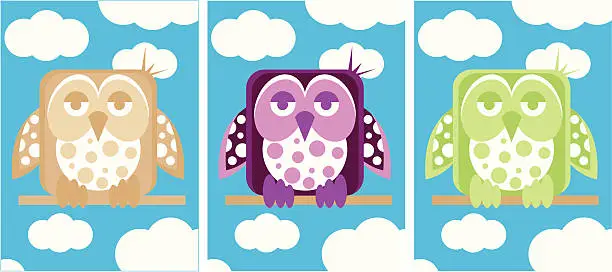 Vector illustration of Cute Owl Character in 3 colourways.