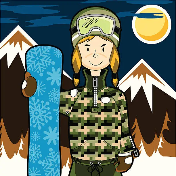 Vector illustration of Girl Snowboarder in Mountain Range by Night