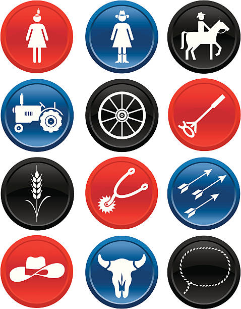 illustrazioni stock, clip art, cartoni animati e icone di tendenza di icone country multicolore serie due: - wagon wheel