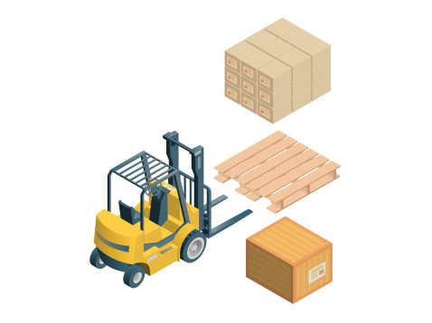 3D vector image of a forklift, skid and crates on white