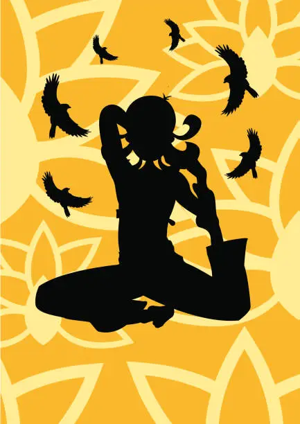 Vector illustration of Girl doing Yoga (silhouette) - Meditation with Lotus & Birds