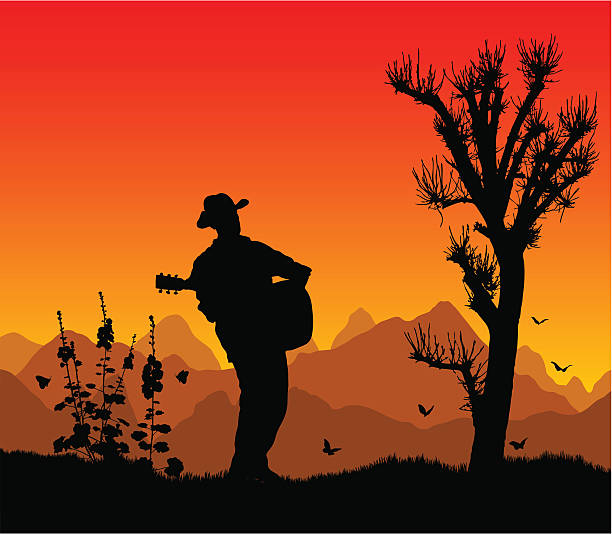ilustrações, clipart, desenhos animados e ícones de país guitarrista ao pôr-do-sol - cowboy hat hat country and western music wild west