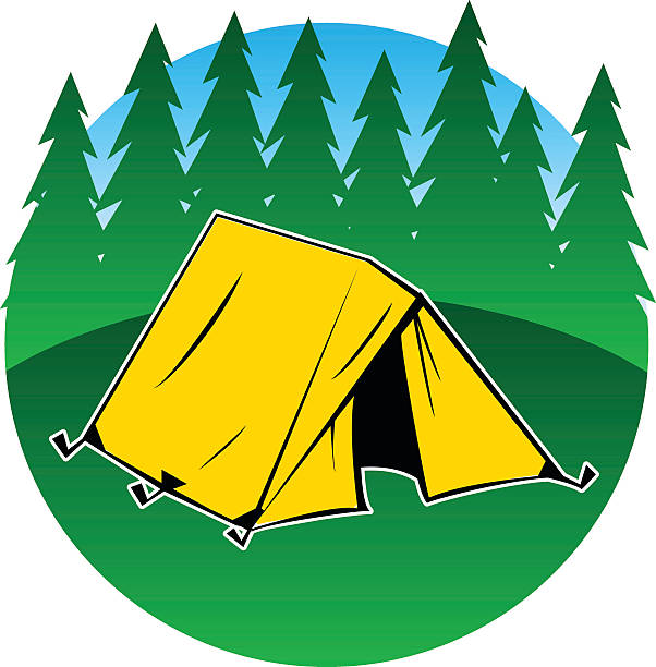art depiction of a yellow camping tent with green pine trees - ryan in a 幅插畫檔、美工圖案、卡通及圖標