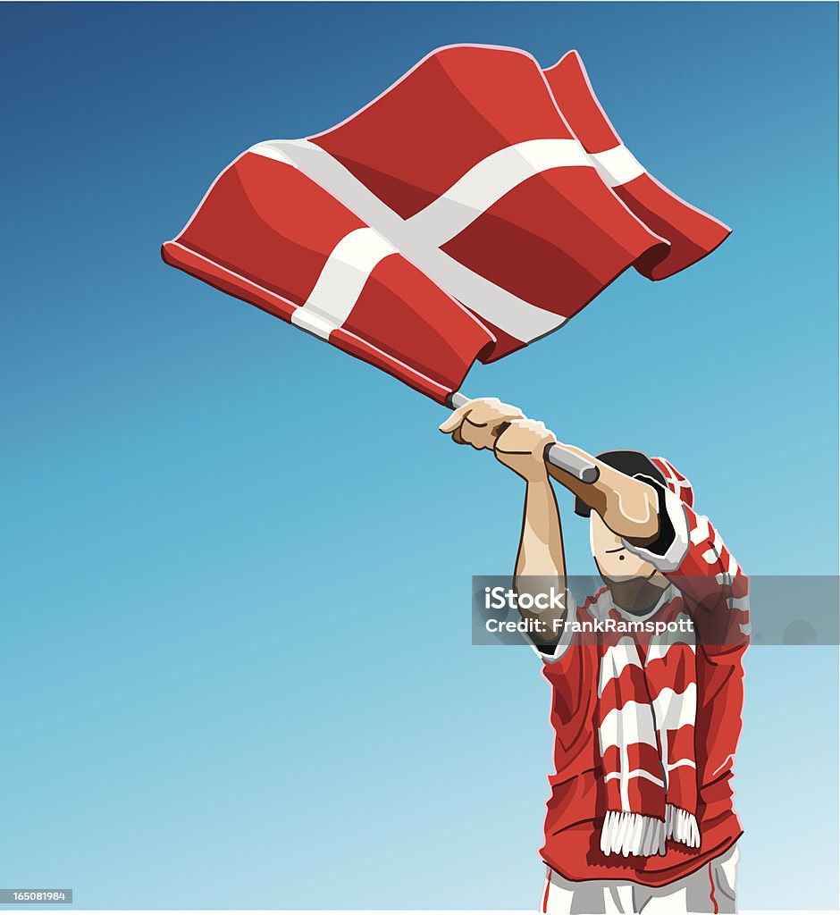 Denmark Waving Flag Soccer Fan Vector Illustration of a Danish football fan. The background is on a separate layer, so you can use the illustration on your own background. The colors in the .eps and .ai-files are ready for print (CMYK). Included files: EPS (v8), AI (CS2) and Hi-Res JPG. Denmark stock vector