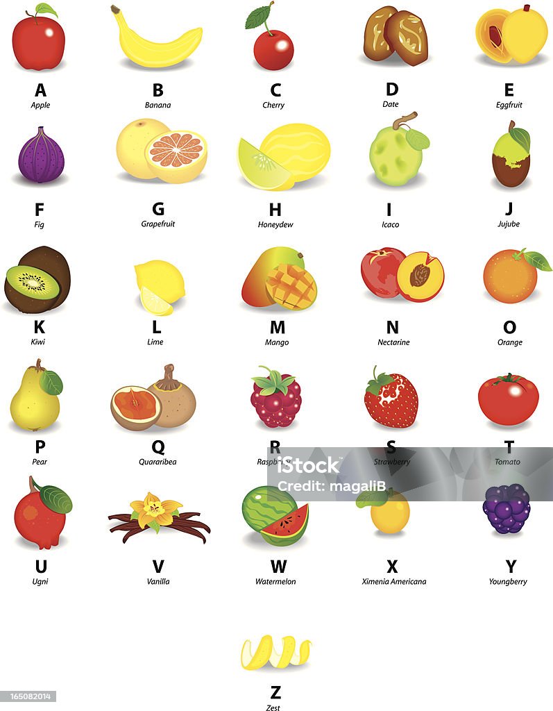 알파벳, 과일 - 로열티 프리 과일 벡터 아트