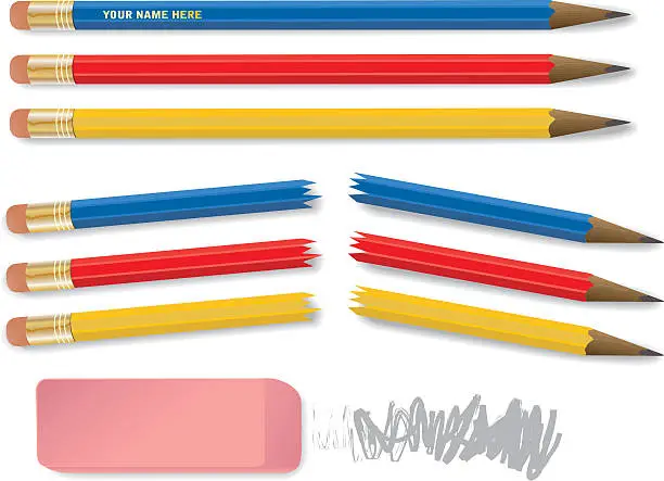 Vector illustration of Red, yellow, and blue pencils snapped in half