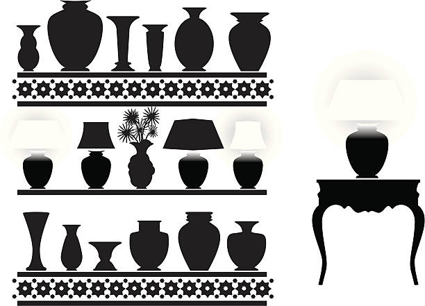 Silhouettes of different vases on shelfs and desk vector art illustration