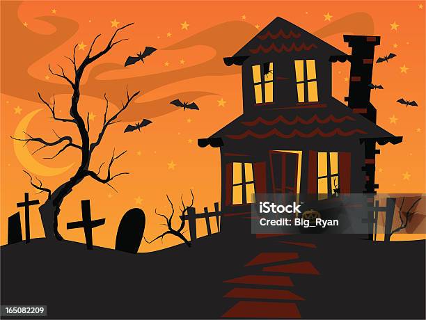 Страшно Оранжевый Дом — стоковая векторная графика и другие изображения на тему Дом - Дом, Жуткий, Хэллоуин