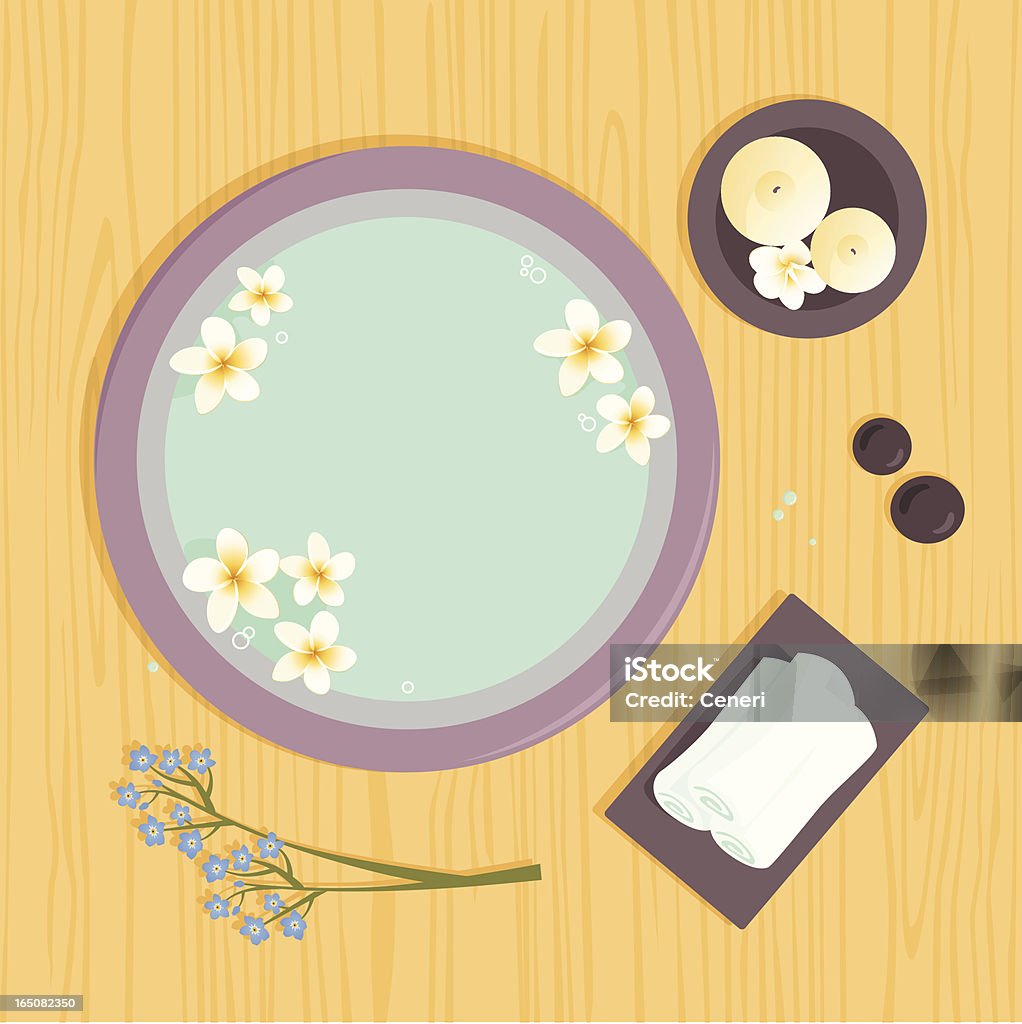 Spa Accessories Spa Accessories: Basin with water and Plumeria, Candles, Towels, Lava Rocks, and a stem of Forget Me Not flowers. High Angle View stock vector