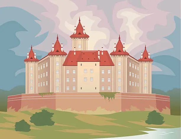 Vector illustration of Cartoon Castle or Chateau High Above Land