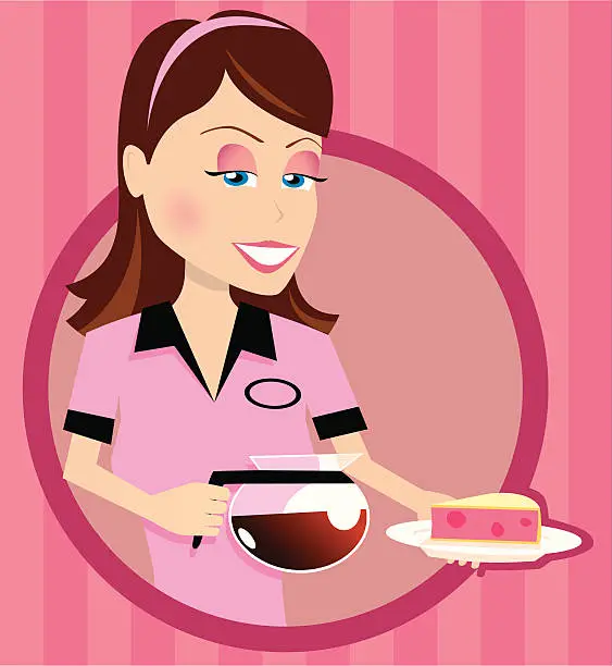 Vector illustration of Waitress serving coffee and pie