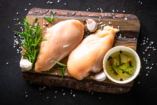 Raw chicken legs decorated with vegetables